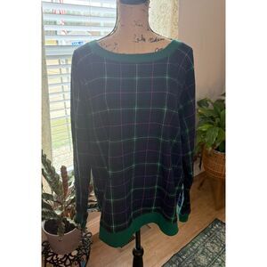 Crown & Ivy Plaid Sweatshirt with Bow Tie Key Hole in Back Size XL